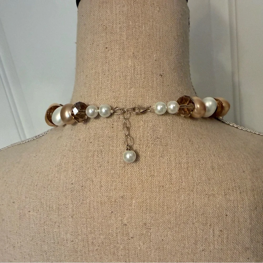 VINTAGE NECKLACE TRICOLOR FAUX GLASS PEARLS BEADS FAUX SMOKY QUARTZ CRYSTAL